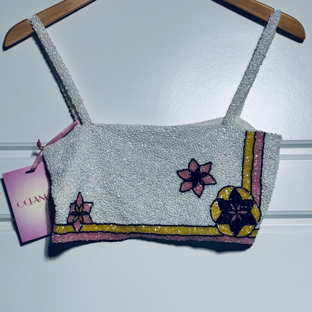 NWT Oceanus Mei White Glass Beaded Crop Top Size L